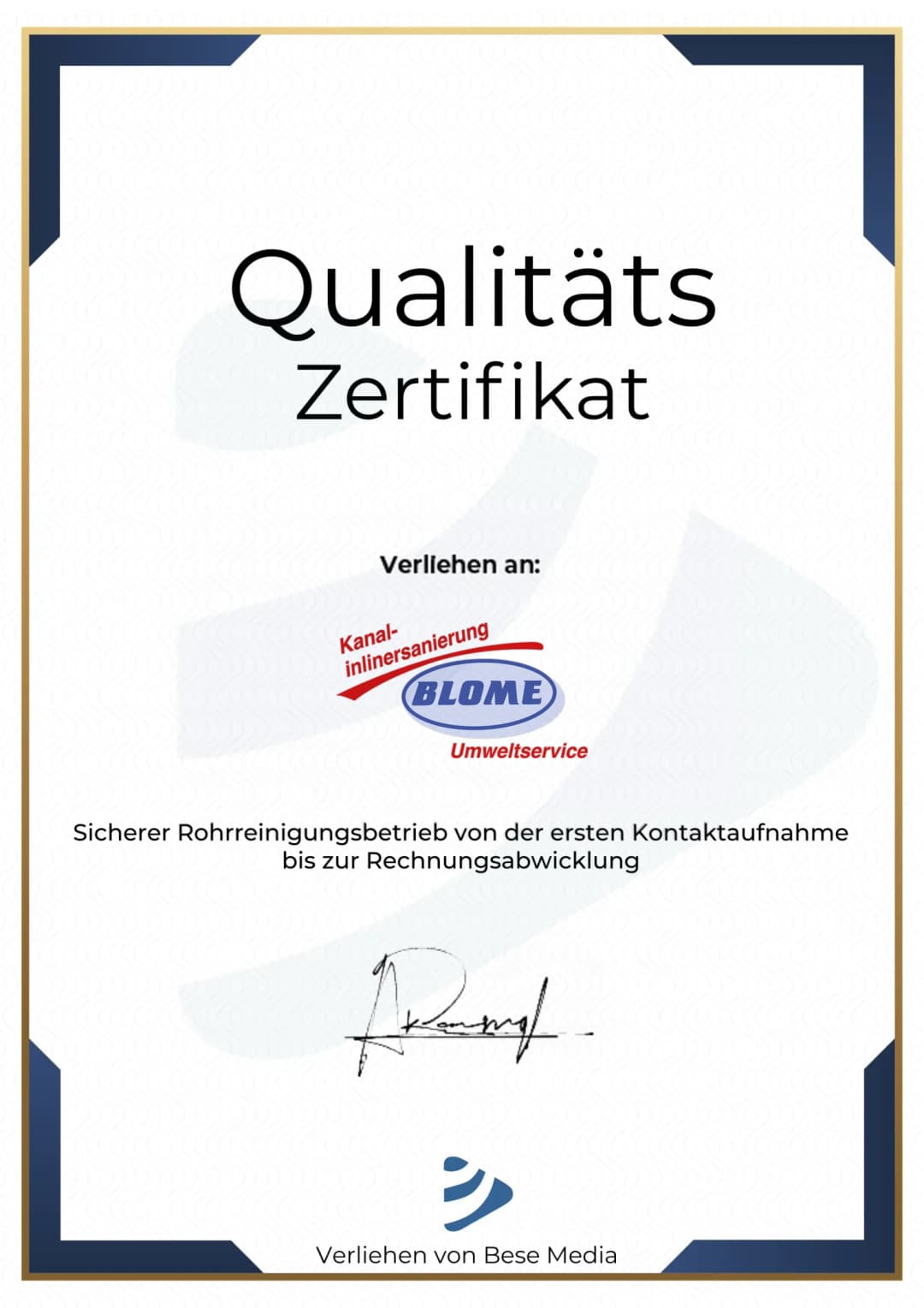 Qualitätszertifikat der Blome Rohrreinigung GmbH