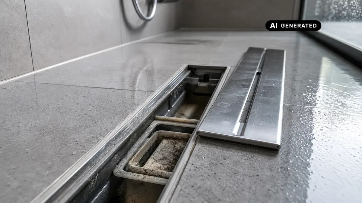 KI-generiertes Bild: Geöffnete Duschrinne einer ebenerdigen Dusche mit herausgenommenem Edelstahlgitter und freiliegendem Siphoneinsatz