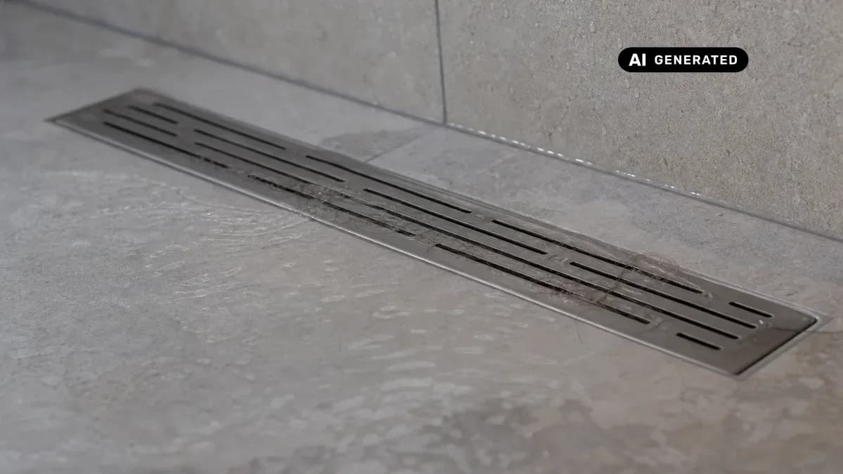 KI-generiertes Bild: Bodengleiche Dusche, Wasser läuft langsam durch den flachen Edelstahl-Ablauf ab, Nahaufnahme des Ablaufgitters
