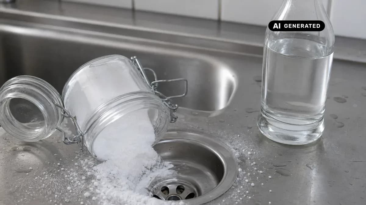 KI-generiertes Bild: Hand streut Natron aus einem Glas in einen Küchenabfluss, daneben steht eine Flasche Haushaltsessig auf der Spüle
