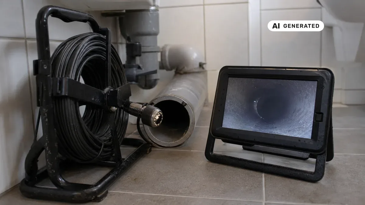 KI-generiertes Bild: Techniker schiebt eine Kanalkamera in eine Abwasserleitung und beobachtet das Live-Bild auf einem Monitor