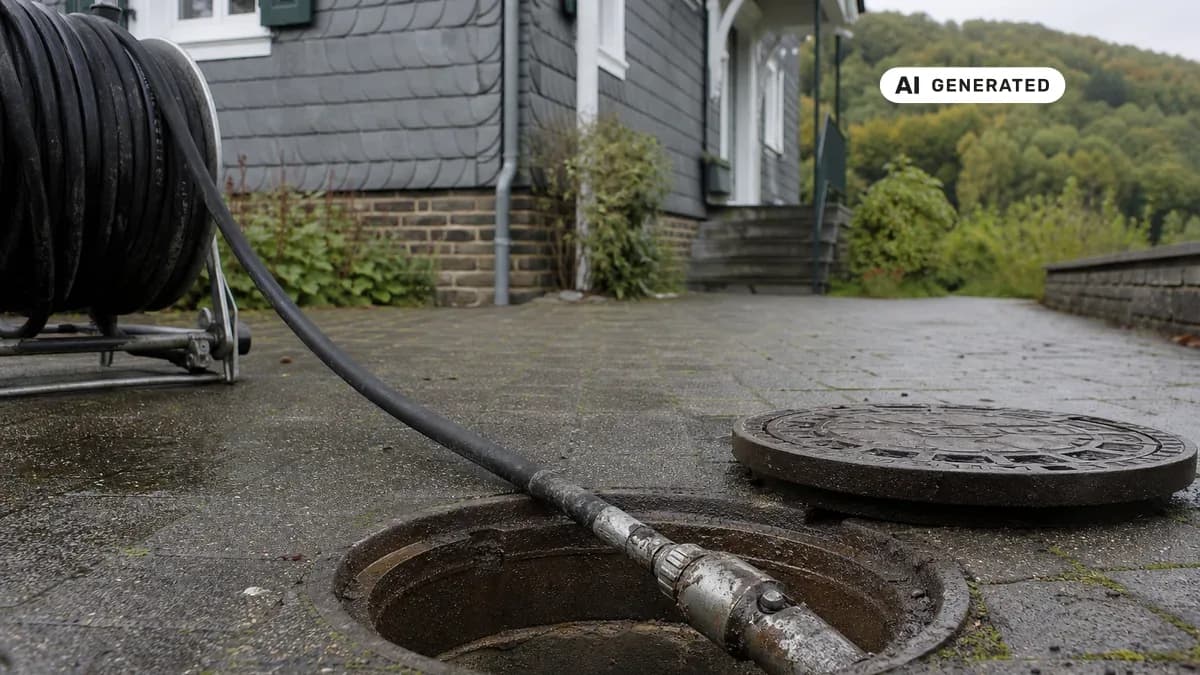 KI-generiertes Bild: Fachkraft schiebt einen Hochdruckschlauch in einen offenen Kontrollschacht vor einem Einfamilienhaus im Bergischen Land