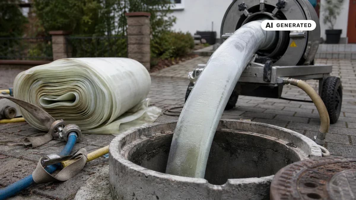 KI-generiertes Bild: Techniker zieht einen harzgetränkten Schlauchliner über einen Kanalschacht in eine Abwasserleitung ein, grabenlose Sanierung ohne Aufgrabung