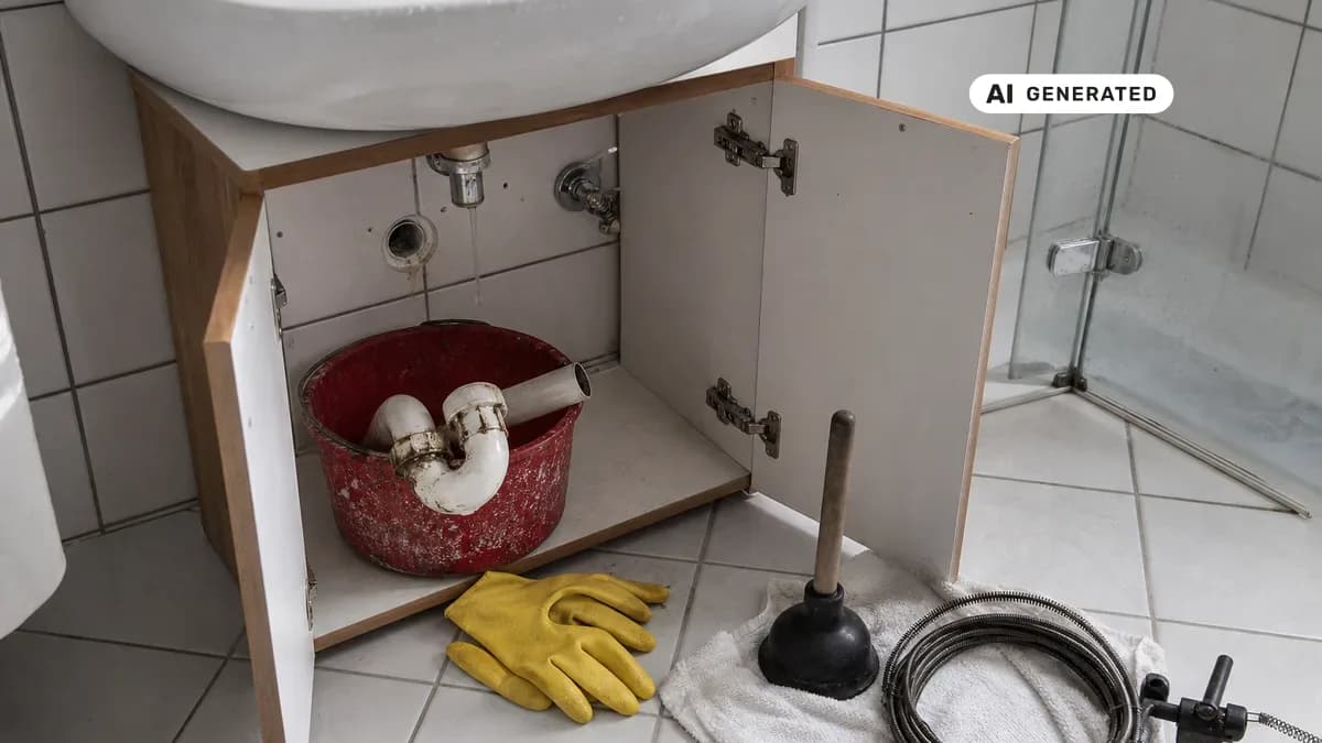 KI-generiertes Bild: Abmontierter Kunststoff-Siphon unter einem Waschbecken mit Eimer, Gummihandschuhen, Saugglocke und Rohrreinigungsspirale daneben