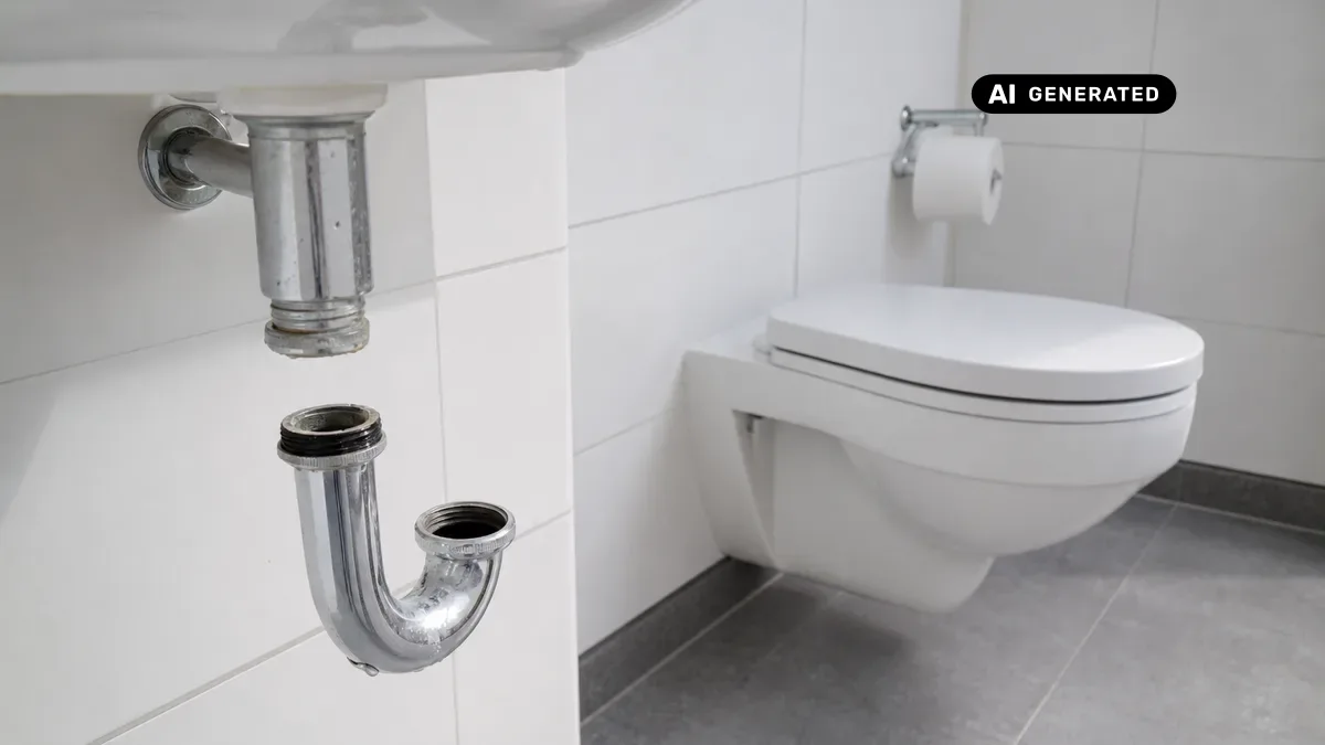 KI-generiertes Bild: Modernes weißes WC in einem gefliesten Bad, im Vordergrund angedeutet ein geöffneter Siphon unter dem Waschbecken