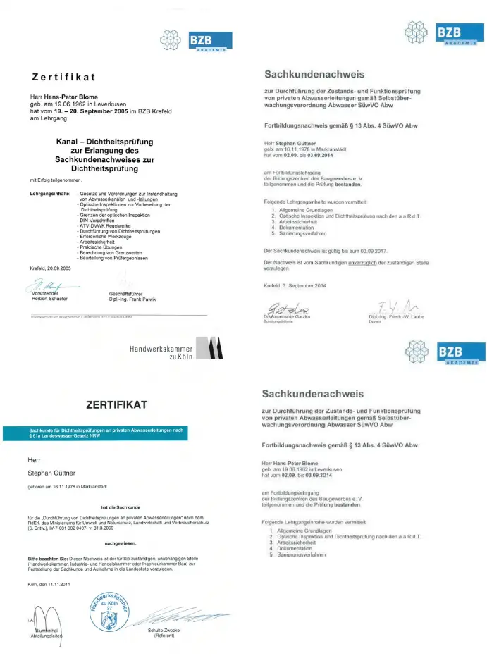 Zertifikate und Qualitätsnachweise von Rohrreinigung Braunsfeld Abwasserbetrieb.